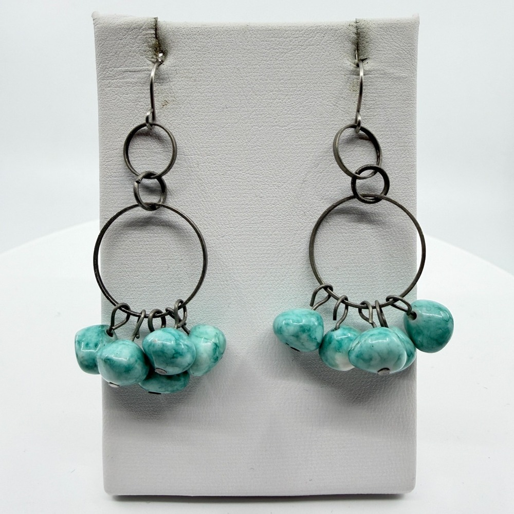 VTG Turquoise Beaded Hoop Dangle Earrings Gothic Statement Festival Gift